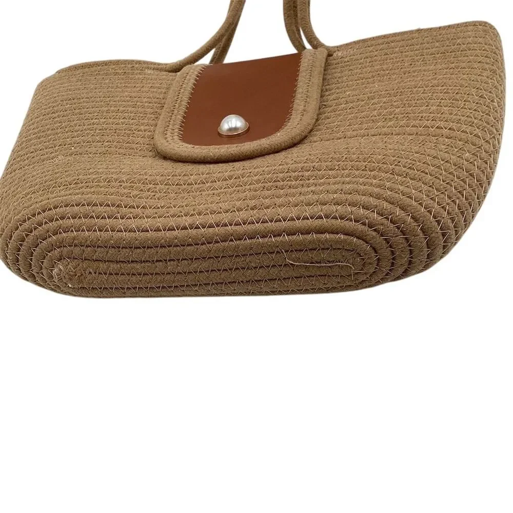 Handmade Woven Tote Bag Large Brown Cotton Rope Bucket Handbag‎